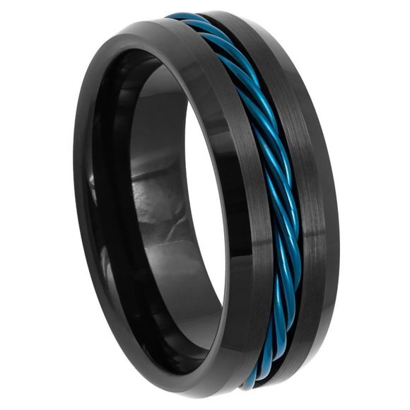 8mm Tungsten Blue Cable inset Band Beveled Edge Rope Inlay Eternity Wedding Band
